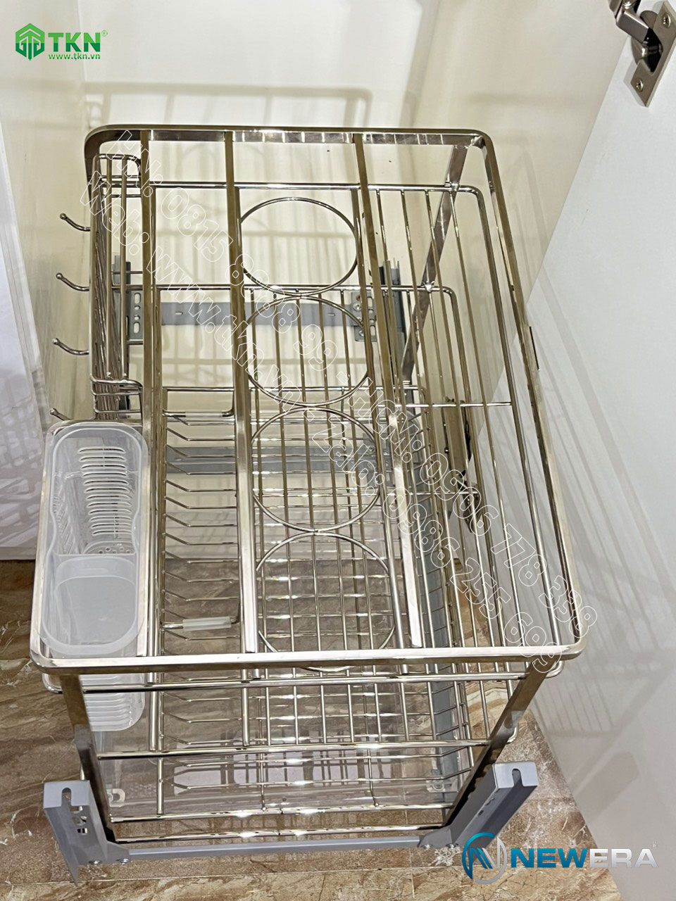 Giá dao thớt chai lọ inox 304 NE255.400 ray âm giảm chấn gắn liền